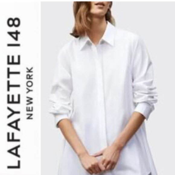 Lafayette 148 New York Tops - Lafayette 148 New York White Long Cotton Blouse Split Sides Size large